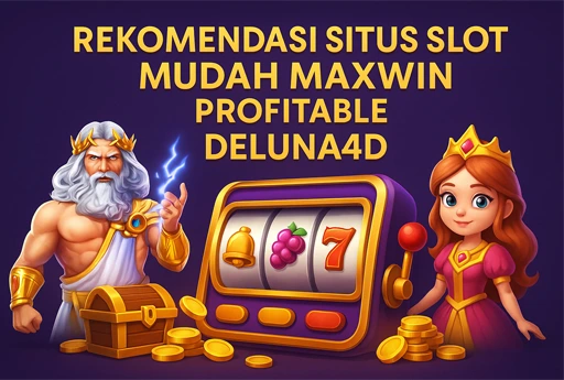 Ilustrasi 3D situs slot mudah maxwin DELUNA4D menampilkan Zeus, mesin slot, dan koin emas