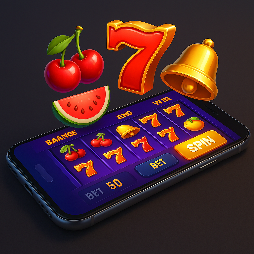 Ilustrasi slot versi mobile dengan simbol 3D seperti cherry, angka 7, dan lonceng di atas layar smartphone elegan
